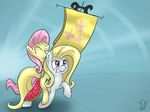  absurd_res banner banner_mare_(mlp) blonde_hair crescendo_(mlp) cutie_mark duo equine evil_grin eyes_closed female feral flag fluttershy_(mlp) friendship_is_magic fur hair hi_res horse long_hair mammal my_little_pony pegasus pink_hair pirill pony purple_eyes riding signature simple_background smile white_fur wings yellow_fur 