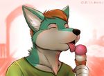 beach black_nose blue_fur brown_hair canine claws clothed clothing dog eyes_closed freckles fur hair hands husky ice_cream licking male mammal mint seaside shirt solo suggestive suggestive_food tongue white_fur zeta-haru 