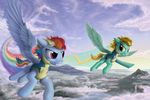  cloud cutie_mark duo equine female feral flying friendship_is_magic fur hair horse lightning_dust_(mlp) mammal my_little_pony pegasus pony purple_eyes rainbow_dash_(mlp) sky wings yakovlev-vad yellow_eyes 