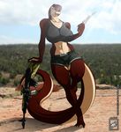  absurd_res big_breasts breasts claws clothed clothing female gun hi_res knife looking_at_viewer navel necklace photo_background raised_leg ranged_weapon reptile rifle scalie snake solo standing toe_claws walter_sache weapon yellow_eyes 