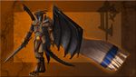  abstract_background anthro armor armored armoured barefoot black_body clothed clothing digitigrade dragon horn knight lordaeron male mantle nol plain_background red_background red_eyes scalie solo sword twilightsaint video_games walking warcraft weapon wings 