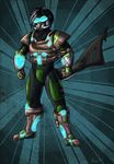  abstract_background anabel anthro armor armored armoured black_hair bulge citadel_(garret_brennar) fish glowing green_background hair looking_at_viewer male marine mask plain_background pose shark solo standing superhero 