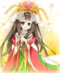  :d beads brown_hair green_eyes hair_ornament japanese_clothes kimono kushinada_(p&amp;d) long_hair open_mouth petals puzzle_&amp;_dragons reina_(black_spider) smile solo steepled_fingers 