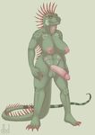  balls big_breasts breasts claws dbd dickgirl facial_piercing green_eyes half-erect iguana intersex lizard looking_at_viewer neck_piercing nipple_piercing nipples nude penis piercing plain_background reptile scalie solo standing toe_claws 