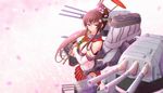  bare_shoulders brown_hair cannon detached_sleeves flower hair_flower hair_ornament kantai_collection looking_at_viewer murakumo1987 oriental_umbrella ponytail red_eyes skirt smile solo umbrella yamato_(kantai_collection) 