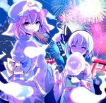  bad_id bad_pixiv_id cotton_candy dokulow fireworks food hairband hat hitodama ikayaki konpaku_youmu konpaku_youmu_(ghost) multiple_girls ribbon saigyouji_yuyuko short_hair silver_hair smile squid sword takoyaki touhou weapon 