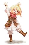 ameiro blonde_hair boots bracelet braid final_fantasy final_fantasy_xiv flower highres jewelry lalafell neckerchief open_mouth pointy_ears pouch red_eyes skirt smile solo standing standing_on_one_leg topknot twin_braids waving 