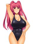  abs arm_up bare_shoulders breasts brown_eyes cameltoe commentary_request covered_navel curvy hand_on_hip highleg highleg_swimsuit huge_breasts impossible_clothes impossible_swimsuit kawanuma_uotsuri kousaka_tamaki looking_at_viewer pink_hair sideboob simple_background skindentation smile solo standing swimsuit taut_clothes taut_swimsuit thigh_gap to_heart_2 white_background wide_hips 