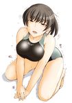  amagami bad_id bad_pixiv_id barefoot black_eyes black_hair blush breasts competition_swimsuit highres kneeling large_breasts long_hair looking_at_viewer looking_up one-piece_swimsuit open_mouth ponytail sasaki_akira_(ugc) sitting smile solo sweat swimsuit trembling tsukahara_hibiki v_arms 