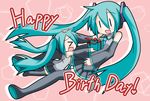  &gt;_&lt; aqua_hair bare_shoulders birthday black_legwear boots box chibi_miku closed_eyes detached_sleeves gift gift_box hair_ornament hand_on_head happy_birthday hatsune_miku headset long_hair long_sleeves minami_(colorful_palette) multiple_girls necktie open_mouth outstretched_arms shirt skirt smile thigh_boots thighhighs twintails very_long_hair vocaloid wide_sleeves zettai_ryouiki |_| 