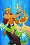  blonde_hair canine dragon duo fire fur hair horn jaryl_(character) jin_(character) male mammal red_eyes sword vasuki weapon wings wolf 