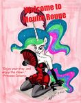  anthro anthrofied bow breasts cleavage clothed clothing equine fan female friendship_is_magic gloves hair heels horn horse kneeling legwear looking_at_viewer mammal moulin_rouge multi-colored_hair my_little_pony newyorkx3 pony poster princess_celestia_(mlp) purple_eyes showgirl skirt smile solo stockings teeth text winged_unicorn wings 
