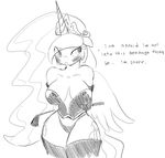  anthrofied big_breasts blush breasts cleavage clothed clothing corset cutie_mark dialog elbow_gloves equine female friendship_is_magic gloves horn horse legwear looking_away mammal monochrome my_little_pony panties pony princess princess_celestia_(mlp) riding_crop royalty solo standing stockings text tiara underwear voluptuous whip winged_unicorn wings zev 