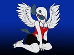  absol angeliqua_belle anthro azzieworks black_skin breasts claws clothed clothing female fur hair hair_over_eyes horn jewelry looking_at_viewer mega_absol mega_evolution necklace nintendo plain_background pok&eacute;mon red_eyes sitting skirt smile solo video_games white_fur wings 