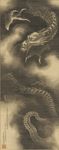  chinese_dragon chinese_text claws dragon greyscale japanese_text katsushika_hokusai long_tail male monochrome scalie sepia solo teeth text thorns whiskers 