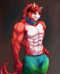  abs anthro biceps big_muscles bulge canine chest_tuft clothed clothing collar fur grin hair half-dressed istani male mammal muscles pecs pose red_eyes red_fur red_hair red_nose shorts smile solo standing toned topless tuft white_fur wolf 