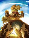  anthro anthrofied applejack_(mlp) atryl big_breasts blonde_hair breasts butt clothing cloud clouds cowboy_hat equine female freckles friendship_is_magic fur green_eyes hair hat hi_res horse looking_down low-angle_shot mammal my_little_pony navel orange_fur outside pony rope scarf sky smile solo sunlight teeth worm&#039;s-eye_view worm's-eye_view 