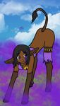  anthro ass_up black_hair black_hooves breasts brown_fur cleavage clothed clothing cloud clouds digitigrade donkey equine facial_markings facial_piercing female feral fog fur grass hair hooves long_ears mammal markings mist open_mouth photo_background purple_eyes purple_markings quadruped raised_tail shocked socks_(marking) solo tail_tuft thigh_cuff torn_clothing transformation tuft wrenzephyr2_(artist) 