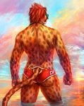  back_turned butt cheetah cheetahpaws collar eyewear feline goggles hair male mammal outside red_hair short_hair solo speedo spotted standing sunset swimsuit tail_clothing topless water wedgie wet 