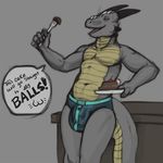  anthro biceps bulge cake cherry dragon eating english_text food fork gray_body grey_body horn male muscles pecs pose reptile scales scalie skin solo standing talash text tojo_the_thief topless yellow_eyes 