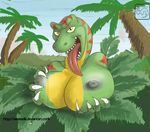  anthro big_breasts breasts claws dinosaur female green_skin jungle long_tongue nipples raptor scalie solo theropod tongue tongue_out weasselk yellow_eyes 