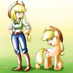  blonde_hair boots breasts clothed clothing cowboy_boots cowboy_hat cutie_mark duo equine female feral freckles friendship_is_magic fur green_eyes hair hands_behind_back hat horse human humanized long_hair mammal mostachiosponch my_little_pony open_mouth orange_fur outside pony smile standing 