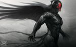  angel artgerm biceps black_skin hair helmet hi_res human male mammal mask monochrome multiple_tails muscles nude pecs pose solo standing tattoo toned tribal wings 