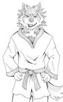  anthro belt canine chest_tuft claws clothing cute eeth fur greyscale looking_at_viewer male mammal monochrome orion_(aluminemsiren) plain_background smile smoulder solo taekwondo teeth tuft whit_background white_background wolf 