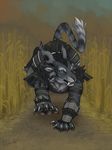  ambiguous_gender armor blue_eyes charr claws cunningfox fangs feline female guild_wars horn mammal multiple_ears running simple_background solo video_games 