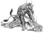  animal_genitalia bdsm blotch bondage bound duo feline feline_penis gay happy holding hyena lion male mammal monochrome on_stomach penis plain_background prostrate rope sex spotted_hyena white_background wincing 