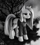  black_and_white clothing cutie_mark dead_tree equine female feral friendship_is_magic greyscale hoodie horse mammal mist monochrome my_little_pony pinkamena_(mlp) pinkie_pie_(mlp) pony ponykillerx solo standing straight_hair tree 