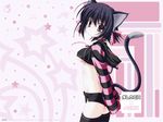  black_hair black_x_pink breasts cat cat_ears clothed clothing feline female hair hi_res legwear mammal midriff naru_nanao ribbons shorts skimpy solo stripes thigh_highs under_boob 