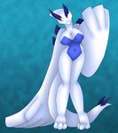  anthro big_breasts breasts cleavage clothed clothing female legendary_pok&#233;mon legendary_pokemon lugia navel nintendo one_eye_closed pok&#233;mon pok&#233;morph pok&eacute;mon red_eyes solo standing video_games white_skin wink 