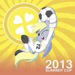  ball blonde_hair clothing derpy_hooves_(mlp) equestria-prevails equine female feral friendship_is_magic hair horse looking_at_viewer mammal my_little_pony one_eye_closed pegasus pony soccer_ball solo uniform wings wink 
