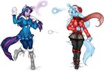  anthro anthrofied blue_hair boots clothing ear_muffs earmuffs equine female friendship_is_magic gloves glowing hair horn horse jacket levitation magic mammal multi-colored_hair my_little_pony plain_background pony purple_eyes purple_hair scarf snow snowball snowball_fight sparkles trixie_(mlp) twilight_sparkle_(mlp) unicorn voxix white_background white_hair 