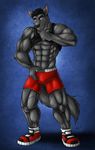  abs abstract_background ango76 anthro biceps big_muscles black_hair black_nose blue_background blue_eyes bulge canine clothing footwear fur grey_fur grin hair looking_at_viewer male mammal muscles pecs plain_background pose ripped shirt shirt_lift shoes shorts smile solo standing tank_top toned vein wolf 