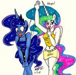  anthro anthrofied blue_eyes blue_fur blue_hair blush breasts cleavage clothed clothing crown cutie_mark dress duo english_text equine female friendship_is_magic fur hair horn horse mammal multi-colored_hair my_little_pony newyorkx3 open_mouth plain_background pony prank princess princess_celestia_(mlp) princess_luna_(mlp) purple_eyes royalty skirt skirt_lift text tongue white_background white_fur winged_unicorn wings 