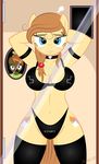  anthro anthrofied bedroom_eyes blush breasts brown_hair button&#039;s_mom button's_mom button_mash_(mlp) clothing cutie_mark equine female fur hair horse legwear mammal my_little_pony necklace original_character pony skeletal-k9 solo stockings yellow_fur 