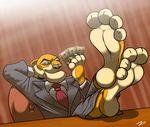  barefoot chair claws clothed clothing desk disney feline foot_focus hindpaw jungle_book light male mammal money necktie paws shere_khan smile soles suit tiger toe_claws toes wood yellow_eyes zp92 