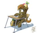  amber_eyes bag beanie brown_hair button_mash_(mlp) chair desk equine ghost hair hat horse male mammal my_little_pony nervous pac-man pac-man_(series) paper pencil plain_background pony sitting solo spirit tsitra360 white_background 