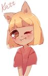  animal_crossing animal_ears anthro bangs bipedal blonde_hair blush brown_eyes brown_hair clasped_hands cute digital_media_(art) english_text fangs female front_view hair half-length_portrait human humanized humanoid katt_(animal_crossing) looking_at_viewer low_res mammal nintendo one_eye_closed pink_skin plain_background pointy_ears red_shirt shirt_logo shy simple_background solo standing text unknown_artist video_games white_background wink 