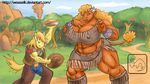  2012 anthro anthrofied bigger_version_at_the_source blonde_hair bovine braeburn_(mlp) brown_fur buffalo cleavage clothing duo equine eyes_closed female friendship_is_magic green_eyes hair horn horse little_strongheart_(mlp) male muscles muscular_female my_little_pony outside pie pony size_difference weasselk yellow_fur 