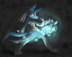  ambiguous_gender beige_fur bigger_version_at_the_source black_fur blue_fur canine fighting_stance glowing lucario nintendo nirakat86 pok&eacute;mon red_eyes solo spikes standing video_games 