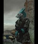  armor blue_eyes can canine cigarette clothing cloud clouds coat concrete cracks crossed_arms cyan_fur cyan_hair dreadlocks drink fighterjet floppy_ears fur_trim gun letterbox looking_down male mammal outside pointy_ears post_apocalyptic ranged_weapon rifle rubble ruins scope sergal serious sky smoke smoking souladder stone_wall stormy weapon 