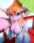 cleavage clothed clothing female freckles hair japanese_clothing kimono looking_at_viewer pocketmew red_hair skimpy solo thefuckingdevil unknown_species 