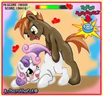  anibaruthecat bent_over blush brown_fur brown_hair button_mash_(mlp) cub duo english_text equine female feral friendship_is_magic fur green_eyes hair horn horse male mammal my_little_pony one_eye_closed pony propeller_hat sex straight sweetie_belle_(mlp) text two_tone_hair unicorn white_fur young 