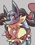  big_breasts breasts female holding_breasts looking_at_viewer lucario mega_evolution mega_lucario mega_milk nintendo pok&#233;mon pok&eacute;mon red_eyes sharp_teeth smile snappygrey solo teeth video_games 