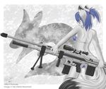  2012 back_turned bikini bipod blue_hair breasts canine clothed clothing ear_piercing female fox fur gun hair looking_at_viewer looking_back mammal metal-renamon mika penetration piercing ponytail presenting ranged_weapon rifle scope skimpy smile sniper_rifle solo spread_legs spreading standing swimsuit tight_clothing view_from_the_back weapon white_fur yellow_eyes 