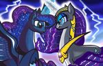  armor aurora-chiaro blue_eyes constellation constellations duo equine eyeshadow female feral friendship_is_magic gem glowing hair helmet horn horse lightning makeup mammal my_little_pony necklace night nightmare_rarity_(mlp) pony princess_luna_(mlp) purple_hair rarity_(mlp) sparkles stars unicorn winged_unicorn wings 