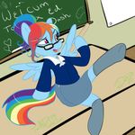  &lt;3 anthro anthrofied blue_fur chalkboard clothing collar english_text equine eyewear female friendship_is_magic fur glasses hair horse inside mammal multi-colored_hair my_little_pony pegasus penis pony purple_eyes pussy rainbow_dash_(mlp) rainbow_hair ruler sitting solo teacher text toodledipsy wings 